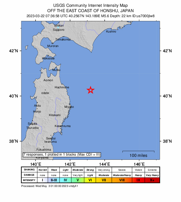 USGS DYFI community-reported intensity map for the M5.6 earthquake near 115 km E of Noda, Japan