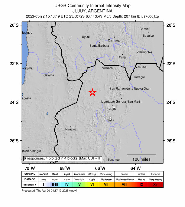 USGS DYFI community-reported intensity map for the M5.3 earthquake near 79 km N of San Antonio de los Cobres, Argentina