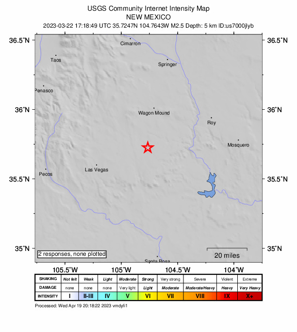 USGS DYFI community-reported intensity map for the M2.4 earthquake near New Mexico