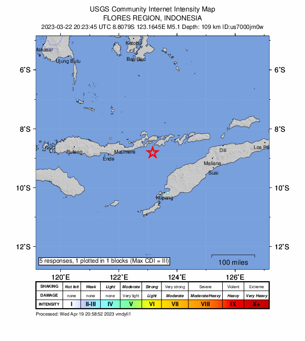 USGS DYFI community-reported intensity map for the M5.1 earthquake near 106 km E of Maumere, Indonesia