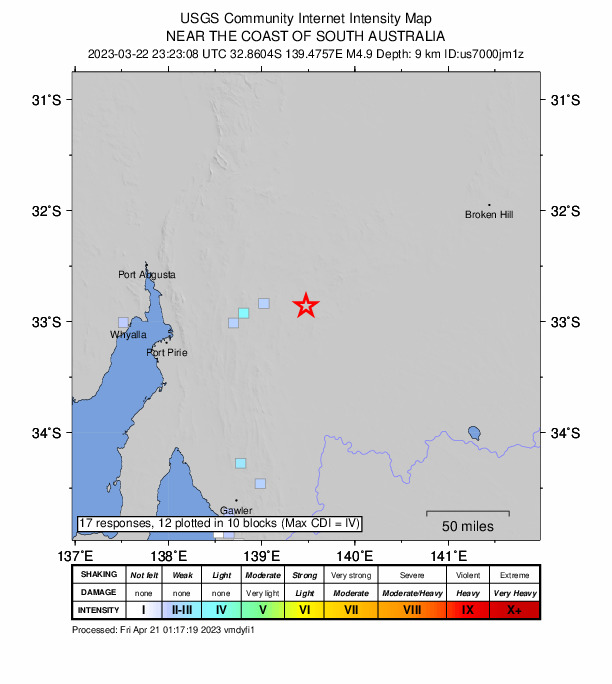 USGS DYFI community-reported intensity map for the M4.9 earthquake near 60 km ENE of Peterborough, Australia