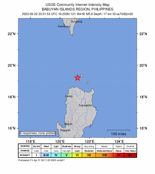 USGS DYFI community-reported intensity map for the M5.6 earthquake near 66 km N of Namuac, Philippines