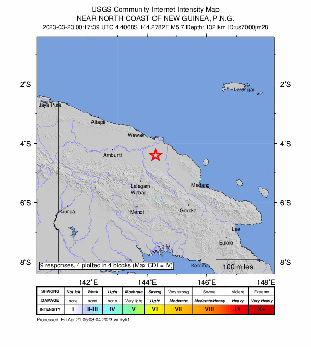 USGS DYFI community-reported intensity map for the M5.7 earthquake near 45 km SSE of Angoram, Papua New Guinea