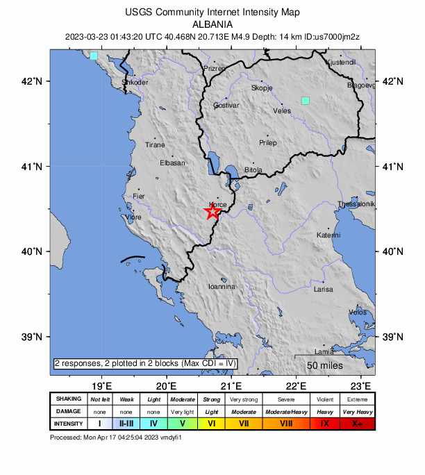 USGS DYFI community-reported intensity map for the M4.9 earthquake near 14 km NNE of Ersekë, Albania
