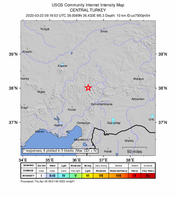 USGS DYFI community-reported intensity map for the M5.3 earthquake near 6 km W of Göksun, Turkey