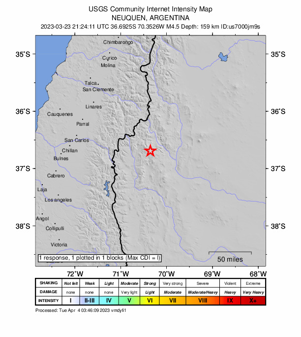 USGS DYFI community-reported intensity map for the M4.5 earthquake near 41 km WNW of Barrancas, Argentina