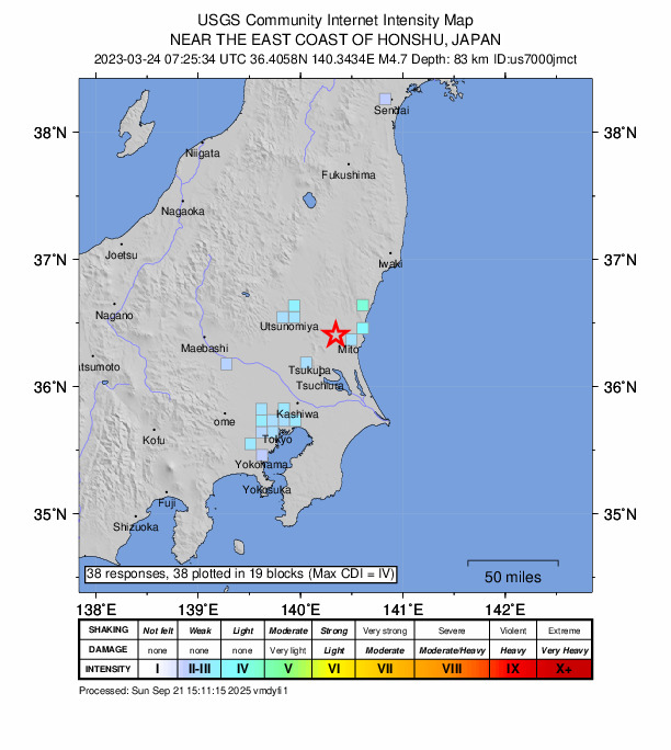 USGS DYFI community-reported intensity map for the M4.7 earthquake near 7 km NNE of Tomobe, Japan