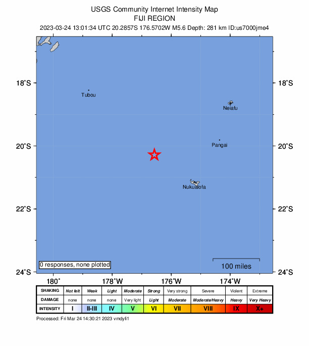 USGS DYFI community-reported intensity map for the M5.7 earthquake near 147 km NW of Houma, Tonga
