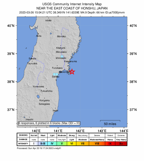 USGS DYFI community-reported intensity map for the M4.9 earthquake near 23 km ESE of Onagawa Chō, Japan