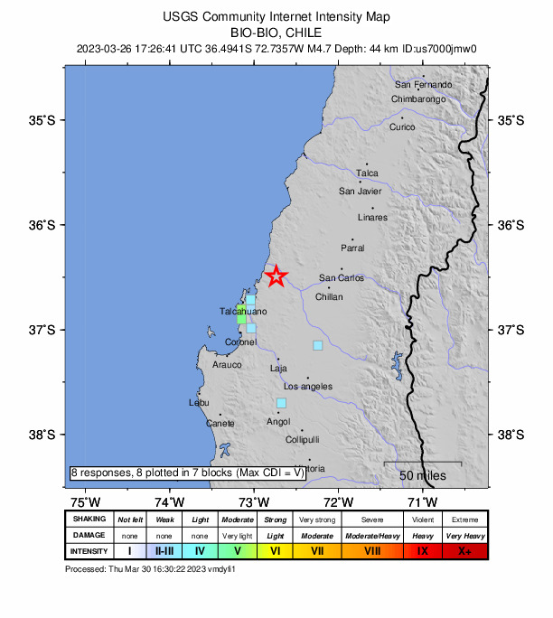 USGS DYFI community-reported intensity map for the M4.7 earthquake near 23 km NE of Tomé, Chile