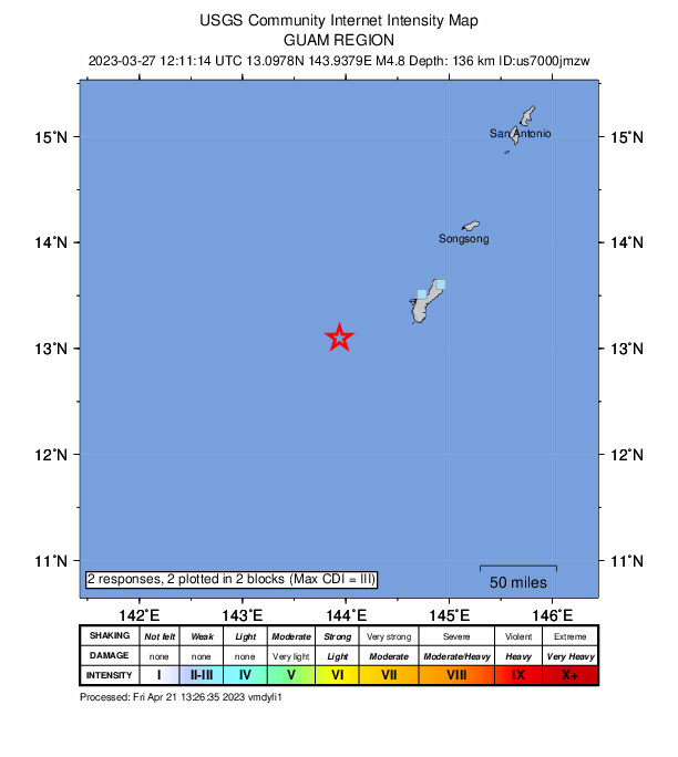 USGS DYFI community-reported intensity map for the M4.8 earthquake near 82 km WSW of Merizo Village, Guam