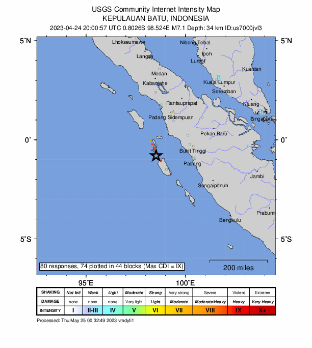 USGS DYFI community-reported intensity map for the M7.1 earthquake near 171 km SSE of Teluk Dalam, Indonesia