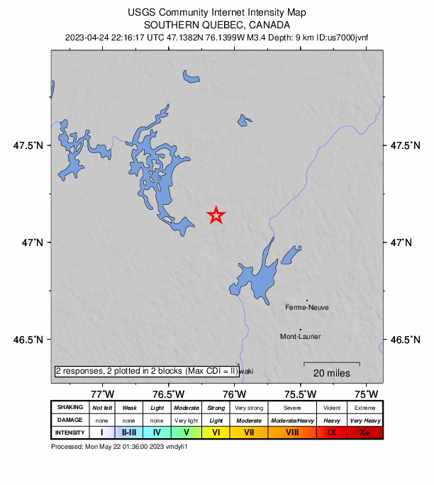 USGS DYFI community-reported intensity map for the M3.4 earthquake near 71 km NW of Ferme-Neuve, Canada