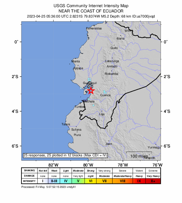 USGS DYFI community-reported intensity map for the M5.2 earthquake near 10 km NNW of Baláo, Ecuador