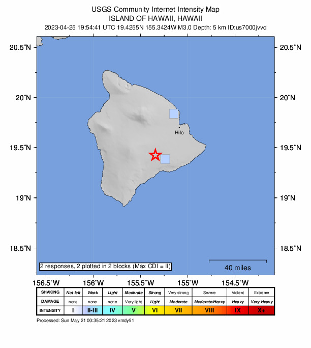 USGS DYFI community-reported intensity map for the M3.0 earthquake near 10 km WSW of Volcano, Hawaii