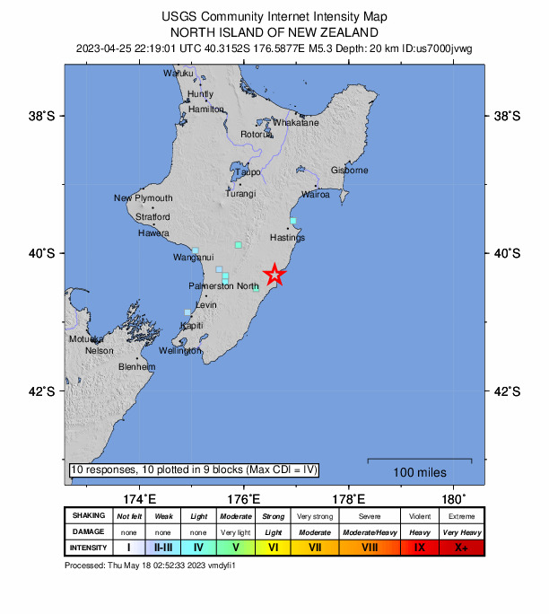 USGS DYFI community-reported intensity map for the M5.3 earthquake near North Island of New Zealand