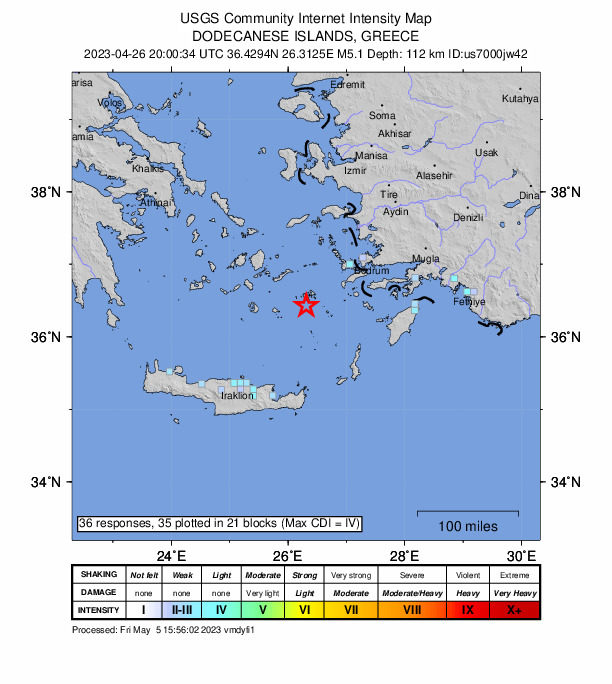 USGS DYFI community-reported intensity map for the M5.1 earthquake near 13 km SSW of Astyp?laia, Greece