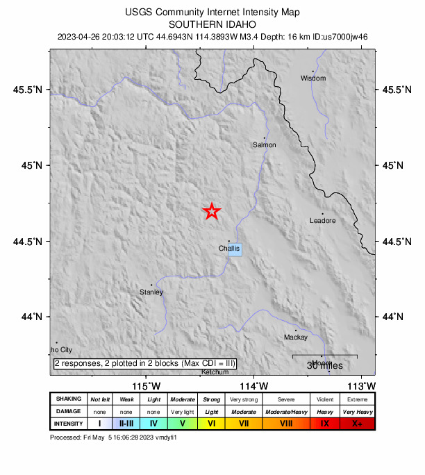 USGS DYFI community-reported intensity map for the M3.4 earthquake near 24 km NNW of Challis, Idaho