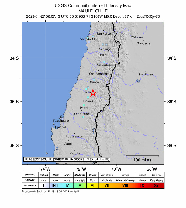 USGS DYFI community-reported intensity map for the M5.0 earthquake near Maule, Chile