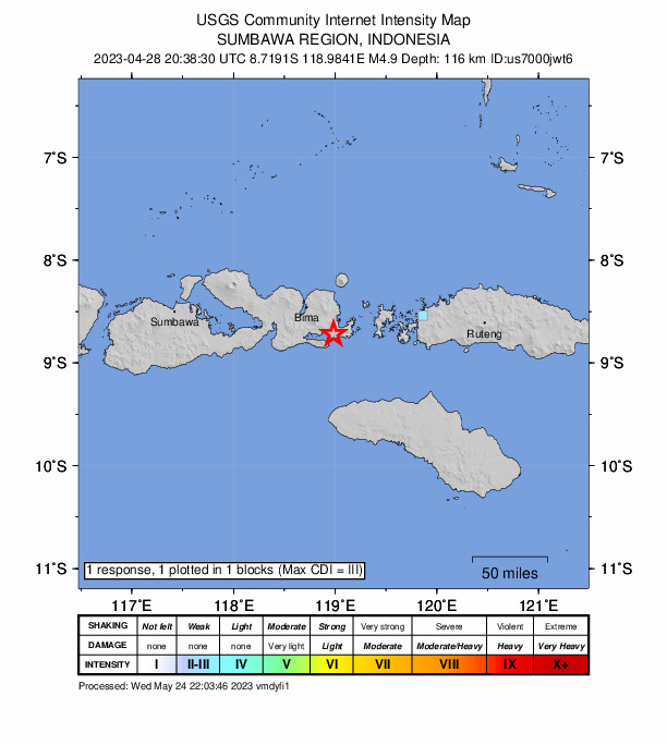 USGS DYFI community-reported intensity map for the M4.9 earthquake near Sumbawa region, Indonesia