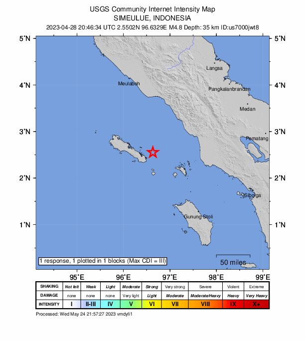 USGS DYFI community-reported intensity map for the M4.8 earthquake near Simeulue, Indonesia