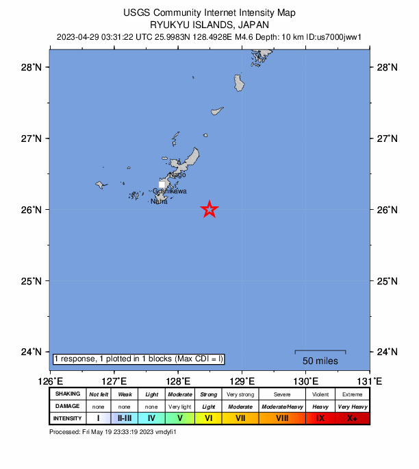 USGS DYFI community-reported intensity map for the M4.6 earthquake near 72 km ESE of Katsuren-haebaru, Japan