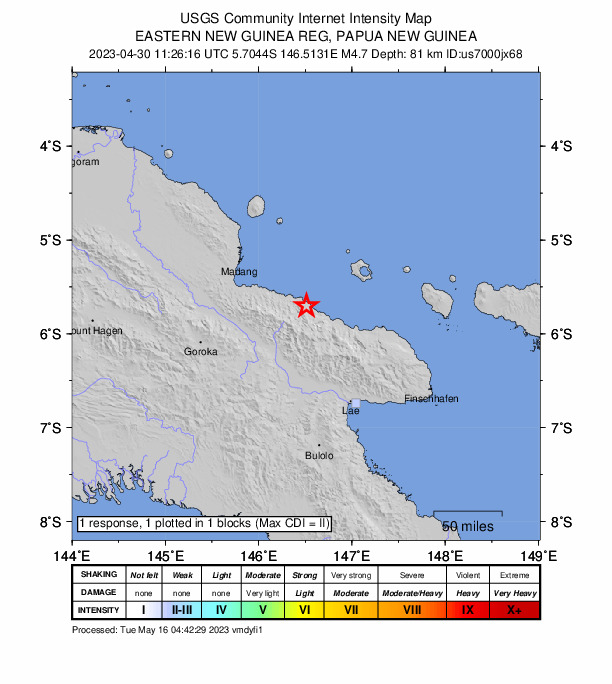 USGS DYFI community-reported intensity map for the M4.7 earthquake near 96 km NE of Kainantu, Papua New Guinea