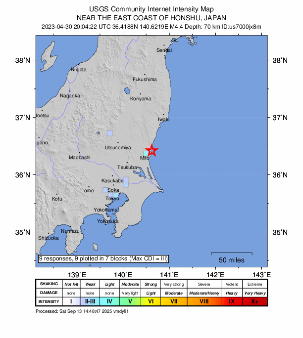 USGS DYFI community-reported intensity map for the M4.4 earthquake near near the east coast of Honshu, Japan