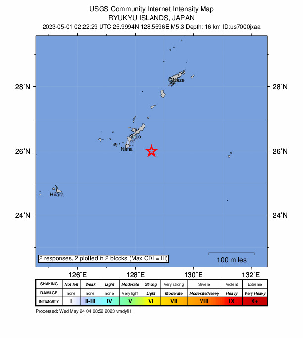 USGS DYFI community-reported intensity map for the M5.3 earthquake near Ryukyu Islands, Japan