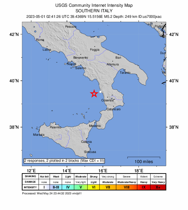 USGS DYFI community-reported intensity map for the M5.2 earthquake near 33 km WSW of Cittadella del Capo, Italy