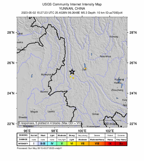 USGS DYFI community-reported intensity map for the M5.3 earthquake near 26 km WSW of Bonan, China