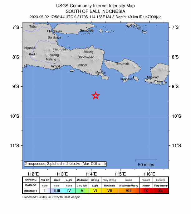 USGS DYFI community-reported intensity map for the M4.3 earthquake near 98 km SSW of Muncar, Indonesia
