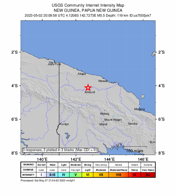 USGS DYFI community-reported intensity map for the M5.5 earthquake near 17 km NW of Ambunti, Papua New Guinea