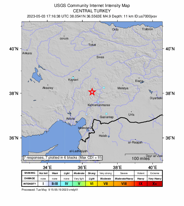 USGS DYFI community-reported intensity map for the M4.9 earthquake near K. Maras, Turkey