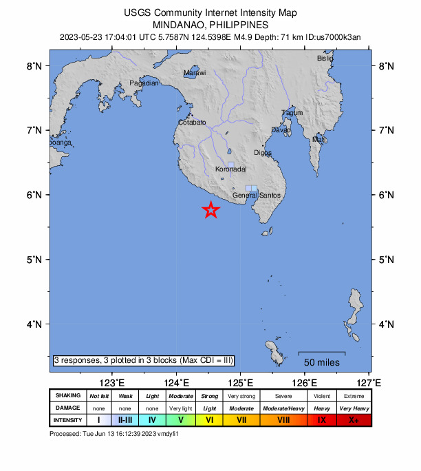 USGS DYFI community-reported intensity map for the M4.9 earthquake near 26 km SSW of Tambilil, Philippines