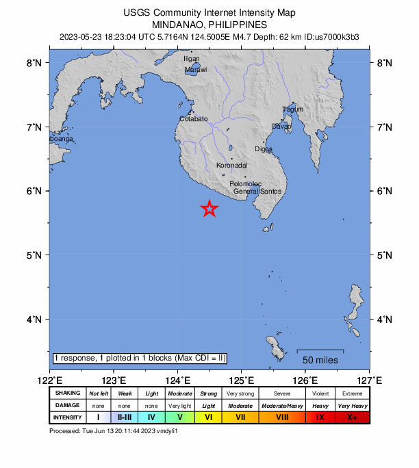 USGS DYFI community-reported intensity map for the M4.7 earthquake near 33 km SW of Tambilil, Philippines