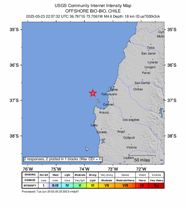 USGS DYFI community-reported intensity map for the M4.3 earthquake near 55 km W of Talcahuano, Chile