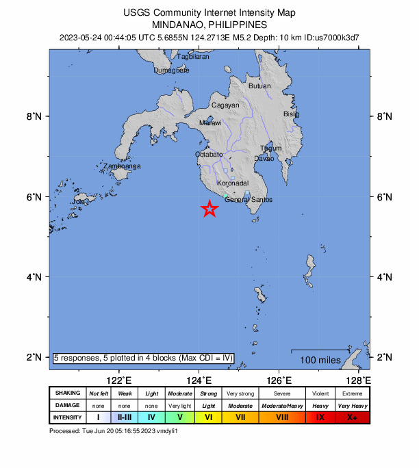 USGS DYFI community-reported intensity map for the M5.2 earthquake near 47 km SSW of Maitum, Philippines