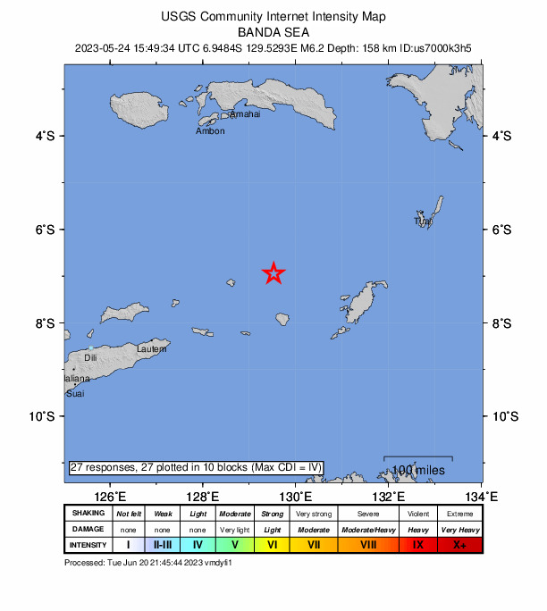 USGS DYFI community-reported intensity map for the M6.2 earthquake near Banda Sea