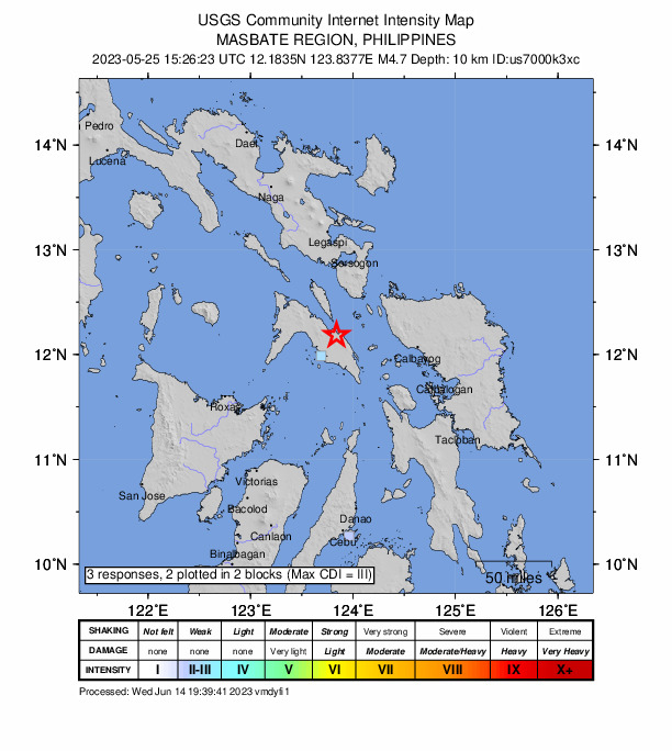 USGS DYFI community-reported intensity map for the M4.7 earthquake near 2 km SSW of Balucawi, Philippines