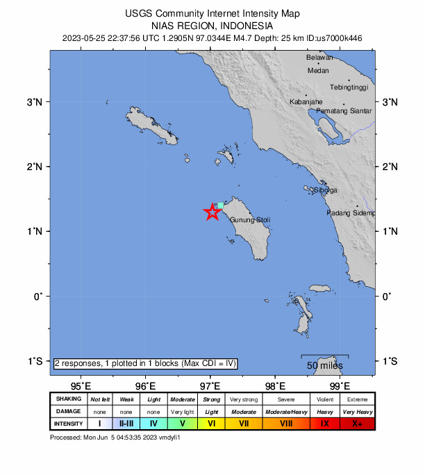USGS DYFI community-reported intensity map for the M4.7 earthquake near 64 km W of Gunungsitoli, Indonesia