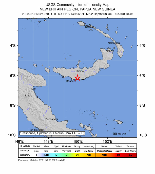 USGS DYFI community-reported intensity map for the M5.2 earthquake near 46 km E of Kandrian, Papua New Guinea