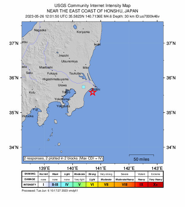 USGS DYFI community-reported intensity map for the M4.6 earthquake near 15 km SSE of Asahi, Japan