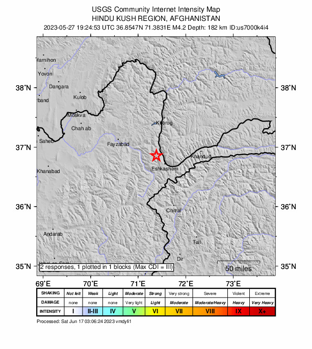 USGS DYFI community-reported intensity map for the M4.2 earthquake near 23 km NW of Ashkāsham, Afghanistan
