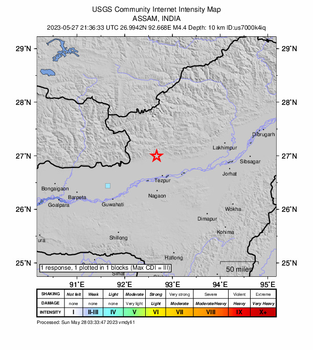 USGS DYFI community-reported intensity map for the M4.5 earthquake near 25 km N of Rangāpāra, India