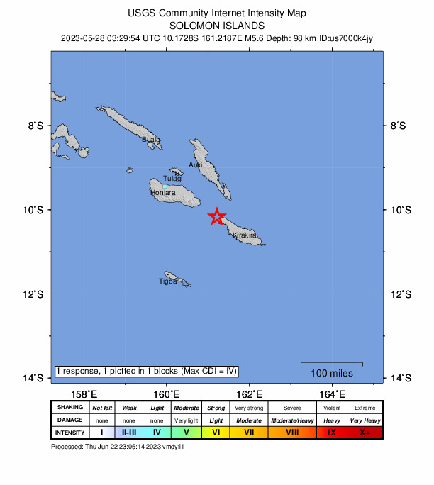 USGS DYFI community-reported intensity map for the M5.6 earthquake near 82 km WNW of Kirakira, Solomon Islands