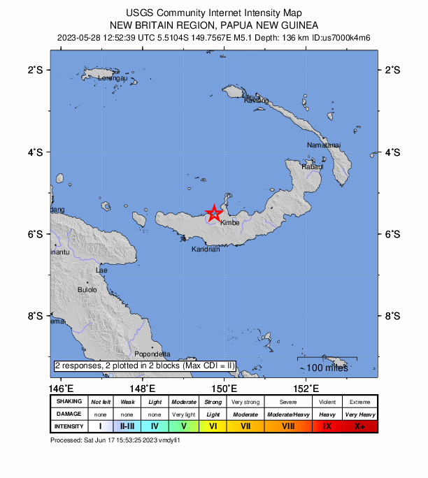 USGS DYFI community-reported intensity map for the M5.1 earthquake near 42 km W of Kimbe, Papua New Guinea