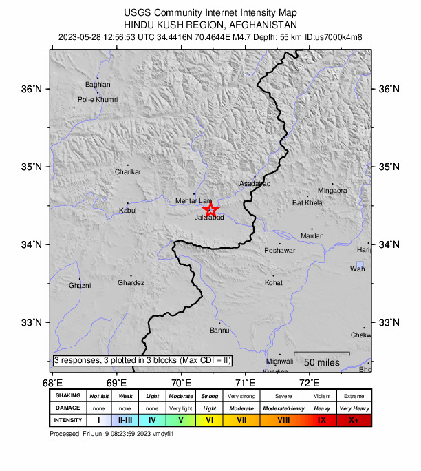 USGS DYFI community-reported intensity map for the M4.7 earthquake near 2 km NE of Jalālābād, Afghanistan