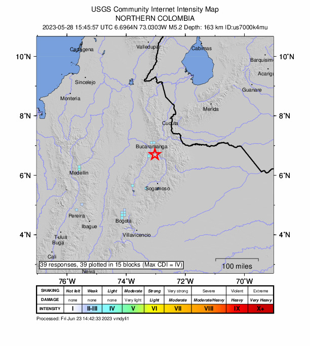 USGS DYFI community-reported intensity map for the M5.2 earthquake near 1 km W of Aratoca, Colombia