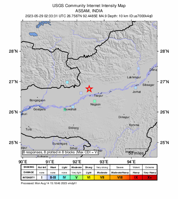 USGS DYFI community-reported intensity map for the M4.9 earthquake near 6 km NNW of Dhekiajuli, India